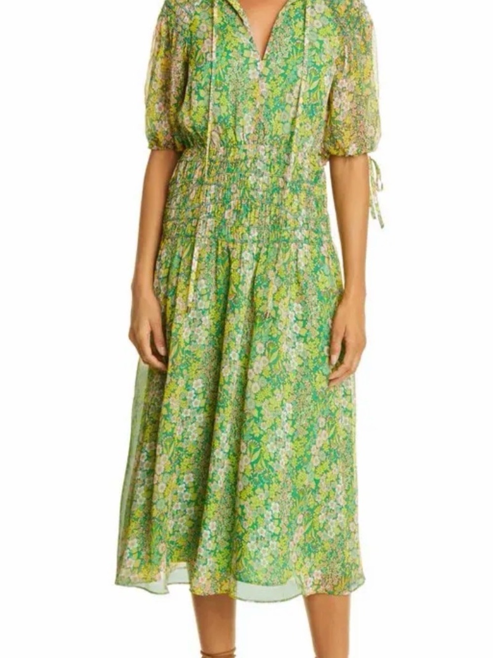 Ted Baker Ursille Green Floral Midi Dress - Lightweight Puff Sleeve Dress